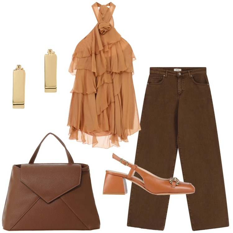 Outfit donna - Un delizioso color caramello. Stile Glamour per Serata fuori. Abbinamento con décolleté, borse a mano, jeans dritti, vestiti corti, orecchini.