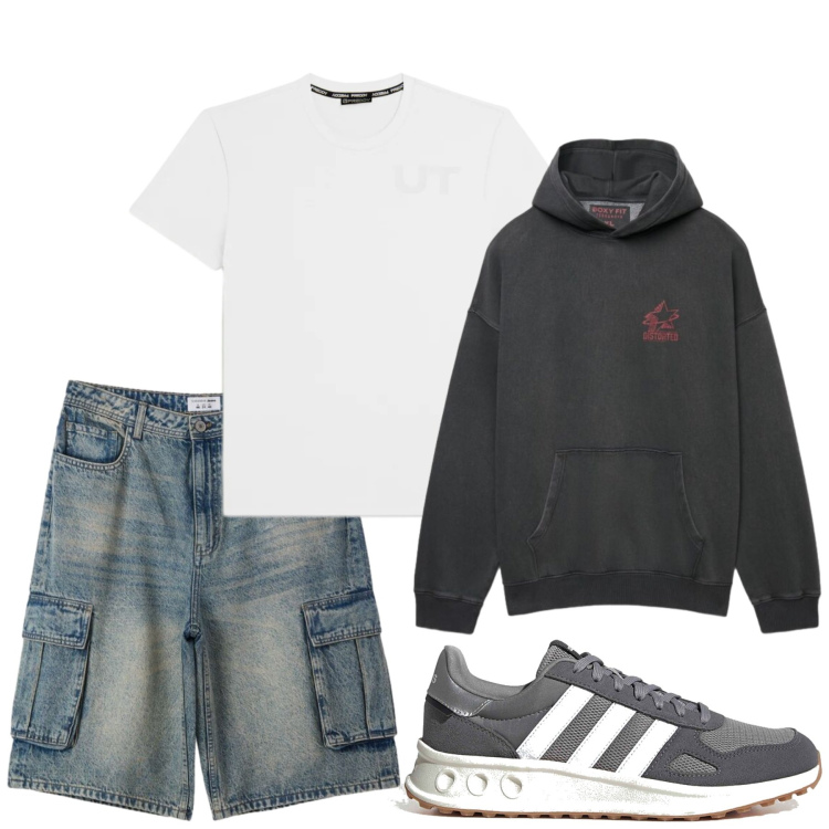 Outfit uomo - Total look #2467819. Stile Urban per Tutti i giorni. Abbinamento con pantaloni corti, felpe con cappuccio, t-shirt, sneakers.