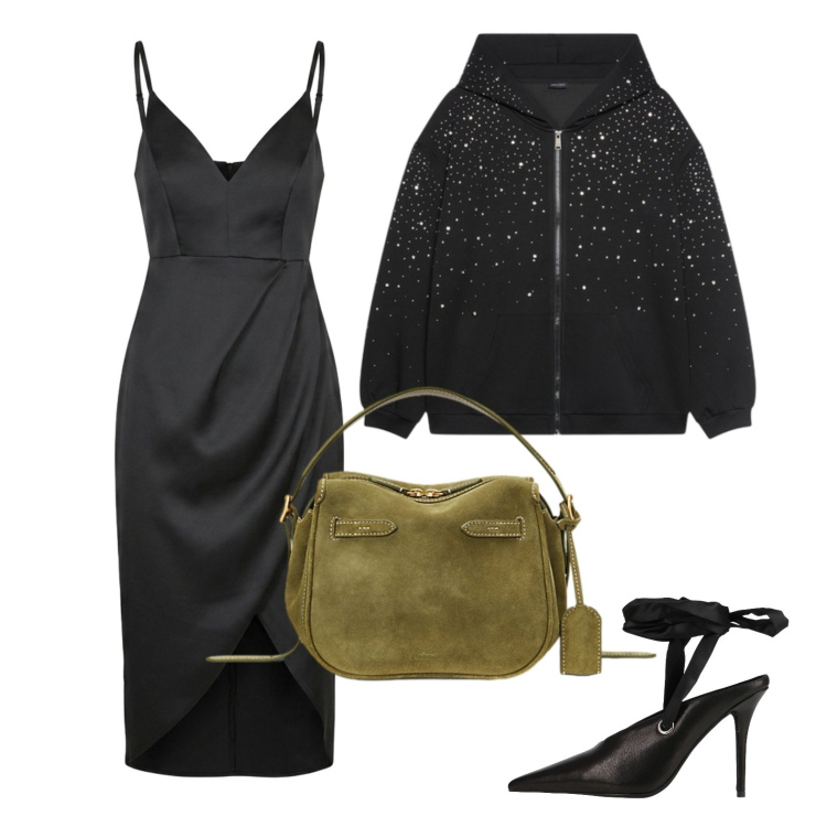 Outfit donna - L\'abito elegante con la felpa. Stile Sexy per Serata fuori. Abbinamento con décolleté, vestiti asimmetrici, felpe con cappuccio, borse a mano.