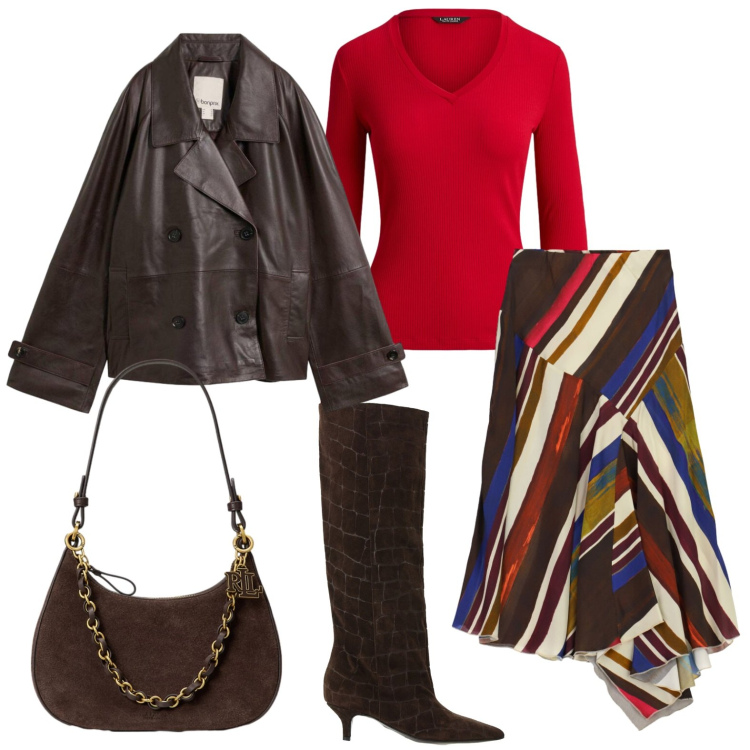 Outfit donna - Autunno glamour. Stile Glamour per Ufficio. Abbinamento con caban, stivali, gonne longuette, maglieria, borse a spalla.