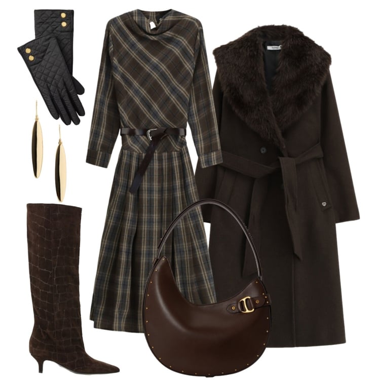 Outfit donna - La regina dell\'autunno. Stile Glamour per Tutti i giorni. Abbinamento con stivali, vestiti asimmetrici, cappotti, orecchini, borse a spalla, guanti.