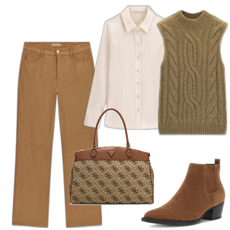 Outfit mujer - Chic #8319. Estilo Chic para Todos los días. Combinación con botas, camisas, prendas de punto, bolso tote, pantalones.