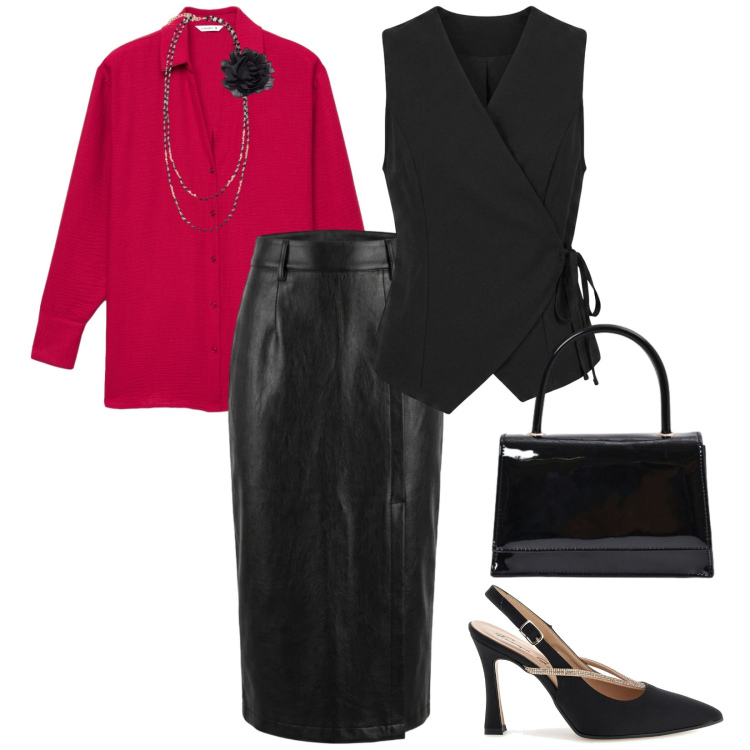 Outfit donna - Invito a cena. per Serata fuori. Abbinamento con camicie, borse a mano, collane, gonne longuette, gilet, décolleté.
