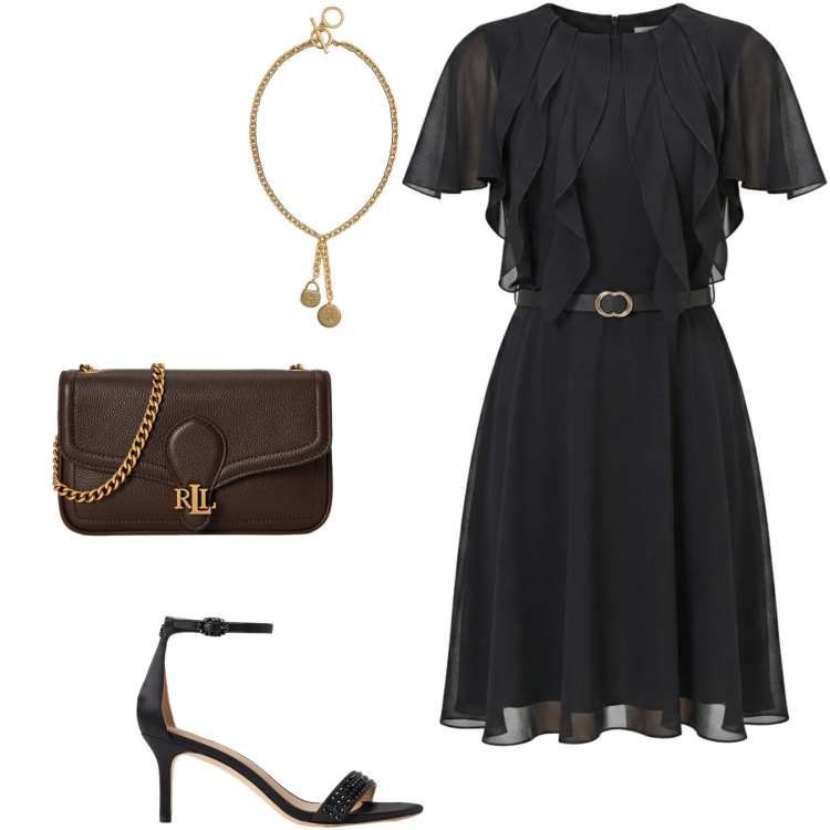 Outfit donna - Total look #2467860. Stile Chic per Serata fuori. Abbinamento con vestiti corti, sandali col tacco, ciondoli, borse a tracolla.