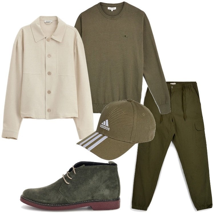 Outfit uomo - Urban transition. Stile Trendy per Tutti i giorni. Abbinamento con camicie, cappelli con visiera, pullovers, pantaloni cargo, stivali e stivaletti.