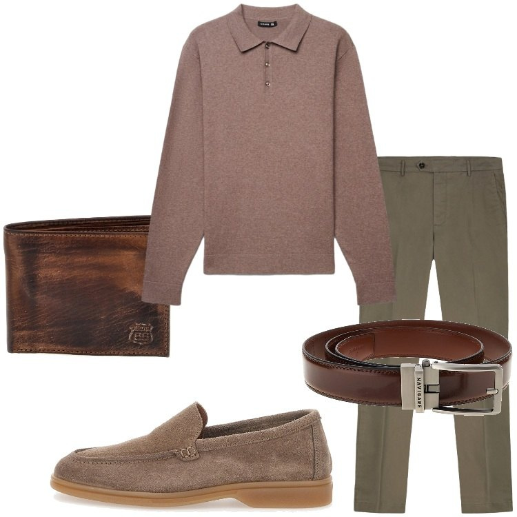 Outfit uomo - Polo a manica lunga. Stile Business/Elegante per Ufficio. Abbinamento con polo, pantaloni chino, scarpe stringate, cinture, portafogli.