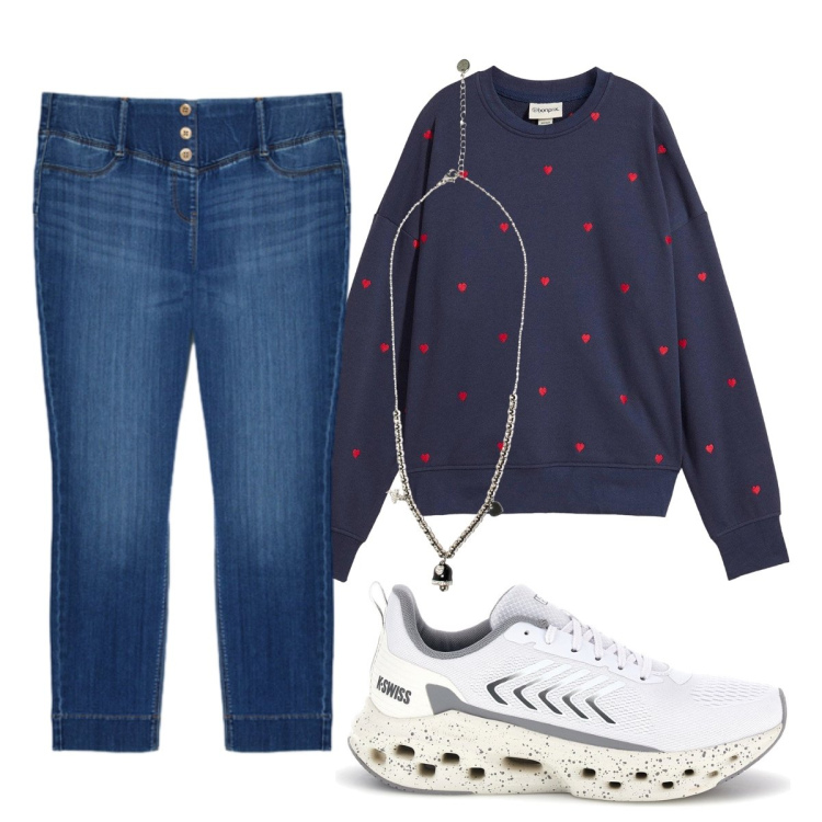 Outfit donna - Jeggings in denim con bottoni decorativi. Stile Sporty chic per Scuola/Università. Abbinamento con felpe, ciondoli, jeggings, sneakers.