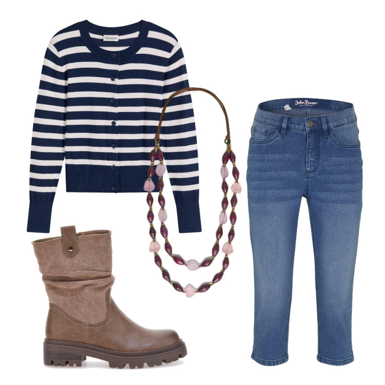 Outfit donna - Raffinata a righe. Stile Casual chic per Tutti i giorni. Abbinamento con cardigans, jeans, collane, stivaletti.