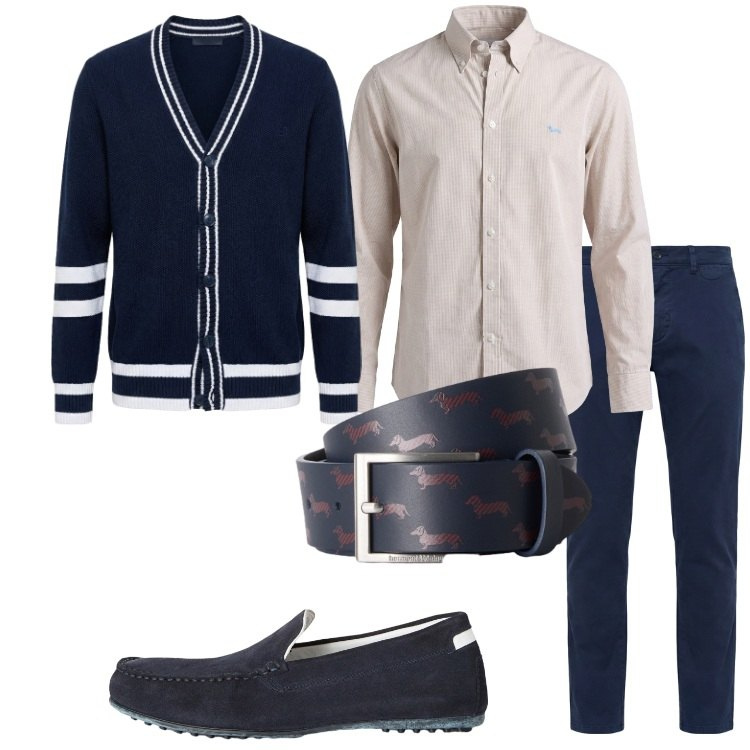 Outfit uomo - Aperitivo in città. Stile Urban per Serata speciale. Abbinamento con scarpe stringate, camicie, pantaloni chino, cardigans, cinture.
