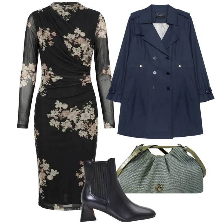 Outfit donna - Eleganza per il rientro - Curvy. Stile Casual chic per Tutti i giorni. Abbinamento con stivaletti, trench, clutch, vestiti midi/longuette.
