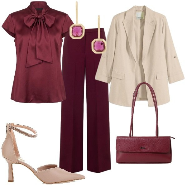 Outfit donna - Total look #2467879. Stile Chic per Serata fuori. Abbinamento con blazer, borse a spalla, pantaloni a palazzo, camicie, orecchini, décolleté.
