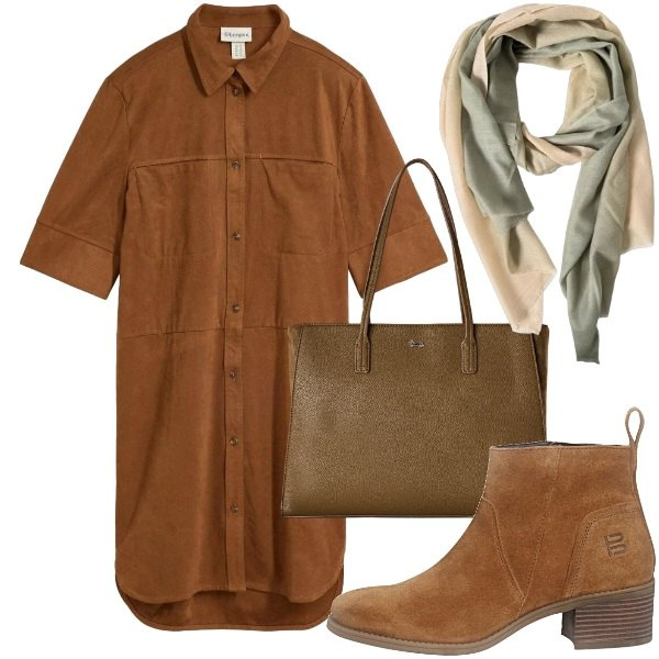 Outfit donna - Chemisier di Transizione. Stile Minimal per Tutti i giorni. Abbinamento con vestiti chemisier, shopping bag, foulard, stivaletti.