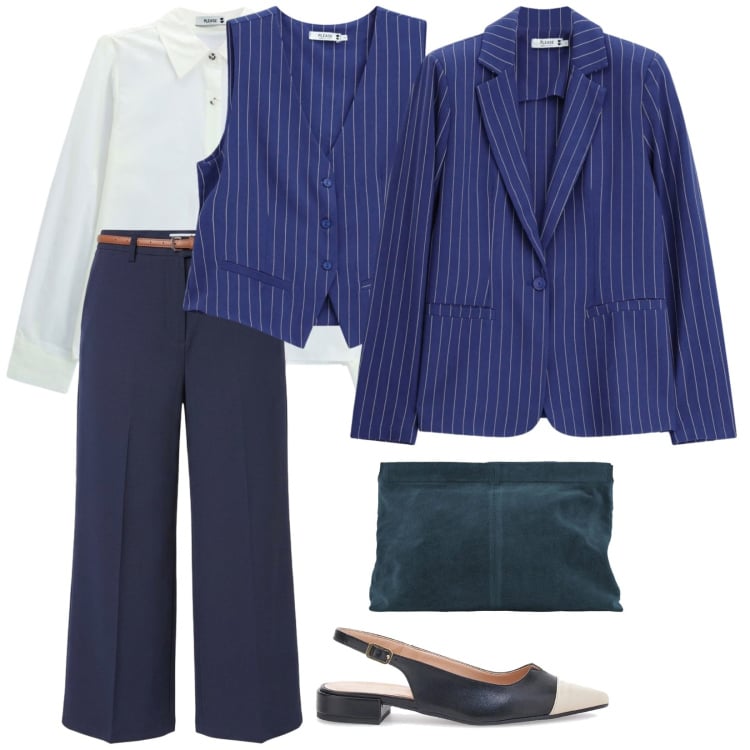 Outfit donna - A lavoro in righe. per Ufficio. Abbinamento con pantaloni, pochette, camicie, blazer, gilet, ballerine.