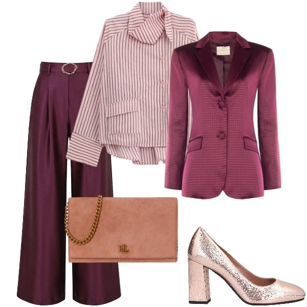 Outfit donna - Compleanno in villa. Stile Chic per Serata fuori. Abbinamento con décolleté, camicie, pantaloni a palazzo, blazer, borse a tracolla.