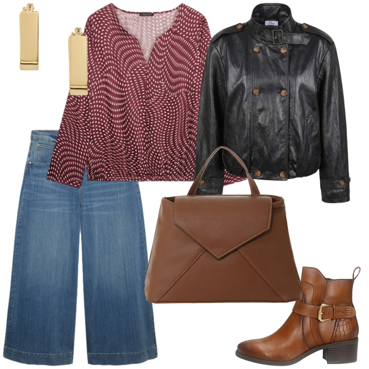 Outfit donna - Everyday. per Tutti i giorni. Abbinamento con borse a mano, giacche, bluse, jeans, orecchini, stivaletti.