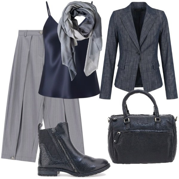 Outfit donna - Total look #2467889. Stile Urban per Serata fuori. Abbinamento con pantaloni a palazzo, canottiere, foulard, blazer, stivaletti chelsea, borse a tracolla.