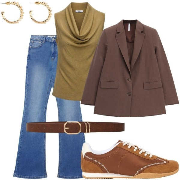 Outfit donna - Autunno. Stile Casual chic per Tutti i giorni. Abbinamento con sneakers, orecchini, blazer, jeans a zampa, cinture, canottiere.
