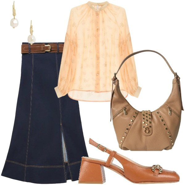 Outfit donna - A cena fuori. Stile Casual chic per Tutti i giorni. Abbinamento con décolleté, camicie, gonne lunghe, borse a spalla, orecchini.