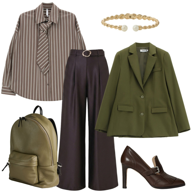 Outfit donna - Le nuance della terra. Stile Trendy per Ufficio. Abbinamento con zaini, camicie, pantaloni a palazzo, blazer, décolleté, braccialetti.