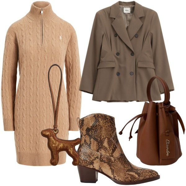 Outfit donna - Fall Collections. Stile Chic per Tutti i giorni. Abbinamento con blazer, borse a secchiello, stivaletti, ciondoli, vestiti.