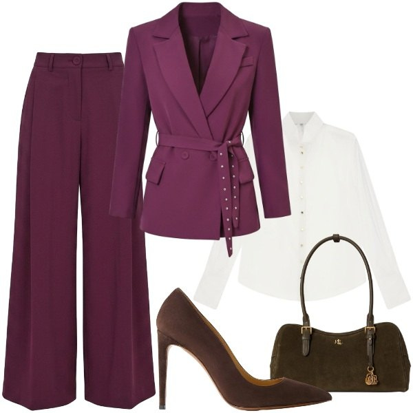 Outfit donna - Fall Collections. Stile Chic per Ufficio. Abbinamento con camicie, pantaloni a palazzo, blazer, décolleté, borse a mano.