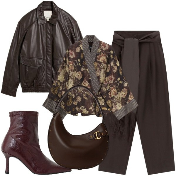 Outfit donna - Fall Collections. Stile Casual chic per Serata fuori. Abbinamento con giacche, pantaloni a palazzo, stivaletti, kimono, borse a spalla.