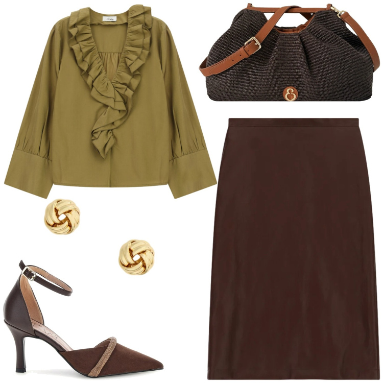 Outfit donna - Serata con gli amici. Stile Glamour per Serata fuori. Abbinamento con gonne longuette, bluse, clutch, orecchini, décolleté.