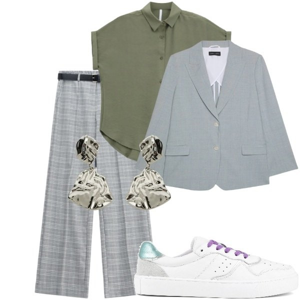 Outfit donna - Settembre. Stile Chic per Tutti i giorni. Abbinamento con pantaloni a palazzo, camicie a manica corta, orecchini, blazer, sneakers.