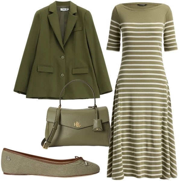Outfit donna - Fall Collections. Stile Chic per Ufficio. Abbinamento con blazer, ballerine, vestiti midi/longuette, borse a mano.