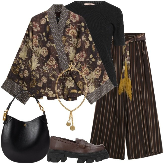 Outfit donna - Righe e fiori. Stile Boho per Tutti i giorni. Abbinamento con pullovers, mocassini, kimono, pantaloni a palazzo, pochette, ciondoli.