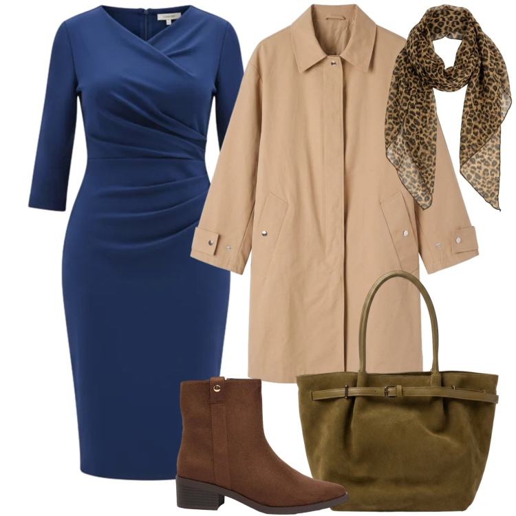 Outfit donna - Eleganza per il rientro - Curvy. Stile Casual chic per Tutti i giorni. Abbinamento con stivaletti, trench, vestiti midi/longuette, foulard, borse a spalla.