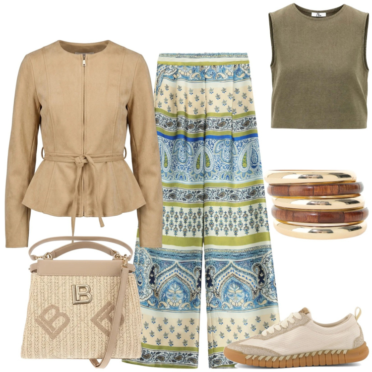 Outfit donna - Total look #2467944. Stile Casual chic per Tutti i giorni. Abbinamento con pantaloni a palazzo, braccialetti, top, blazer, sneakers, borse a tracolla.