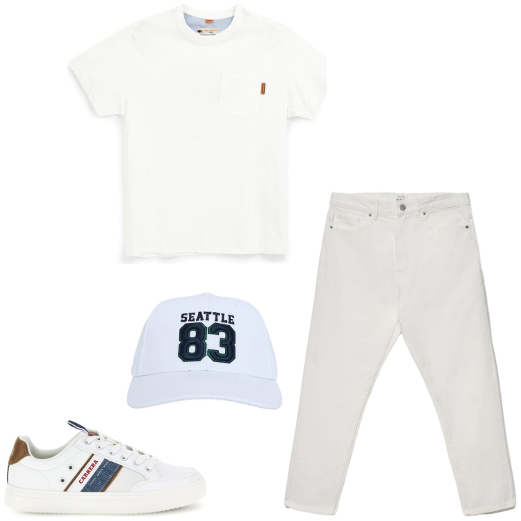 Outfit uomo - Total look #2467945. Stile Casual per Tutti i giorni. Abbinamento con cappelli con visiera, jeans, t-shirt, sneakers.