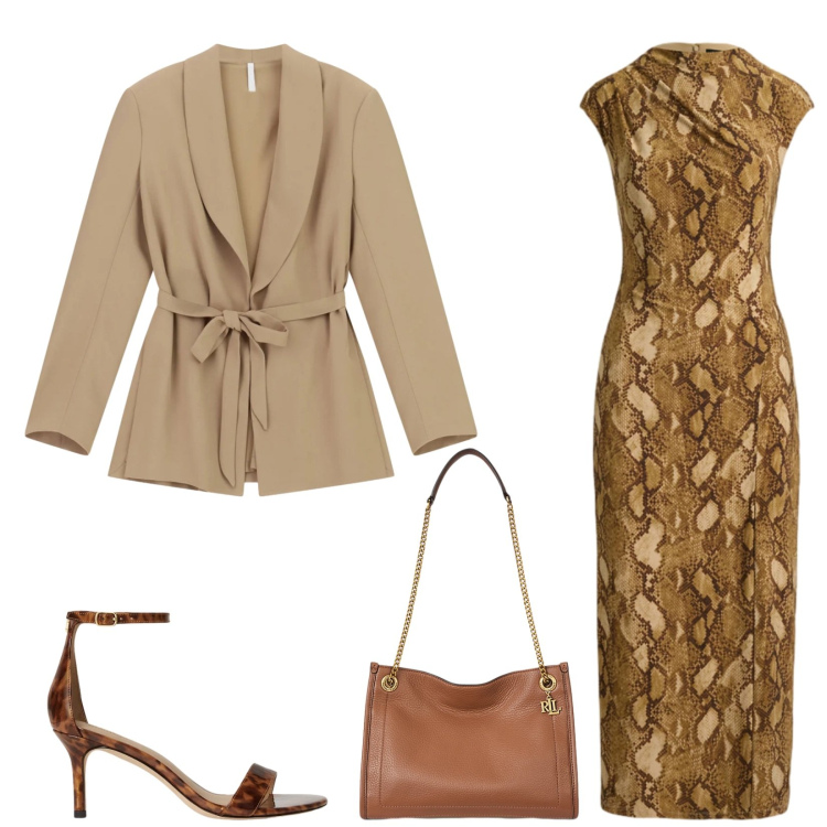 Outfit donna - Total look #2467948. Stile Chic per Cerimonia. Abbinamento con blazer, borse tote, sandali in pelle, vestiti midi/longuette.