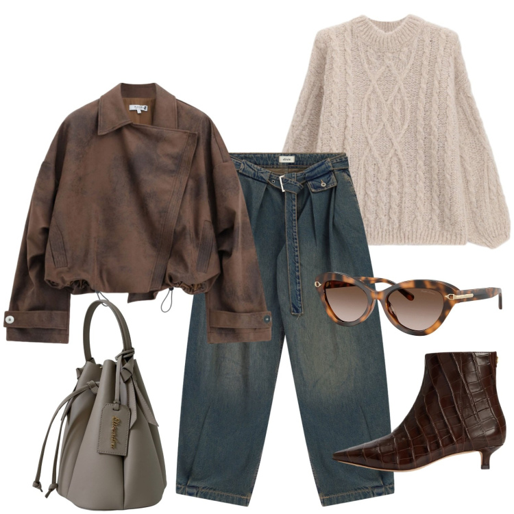 Outfit donna - Palette autunnale. Stile Urban per Ufficio. Abbinamento con jeans, bomber, maglieria, borse a secchiello, stivaletti, occhiali da sole.