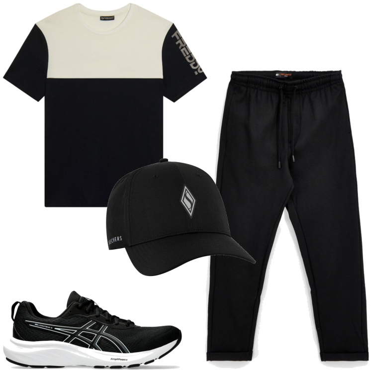 Outfit uomo - Total look #2467954. Stile Casual per Tutti i giorni. Abbinamento con t-shirt, cappelli con visiera, pantaloni, sneakers.