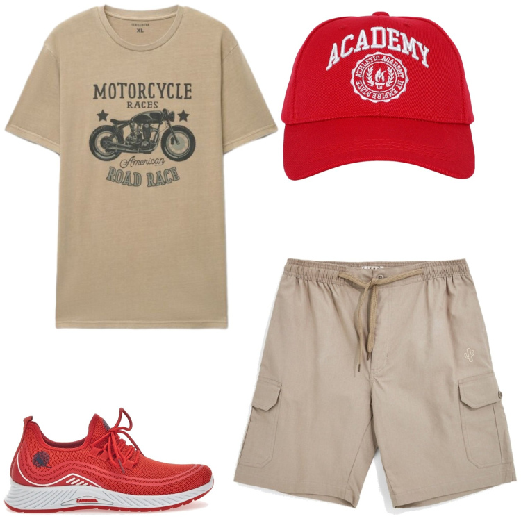 Outfit uomo - Total look #2467956. Stile Trendy per Tutti i giorni. Abbinamento con cappelli, t-shirt, sneakers, bermuda.