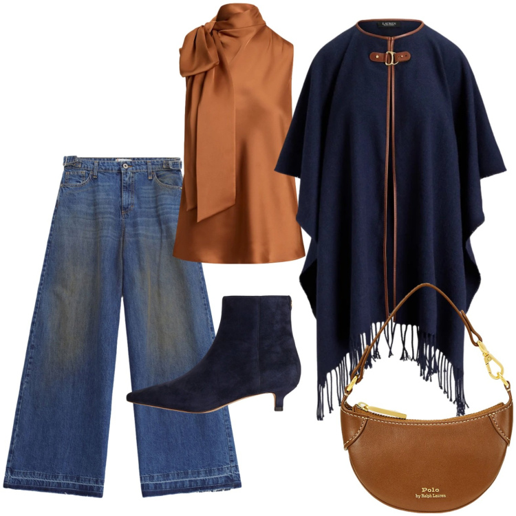Outfit donna - Glamour con la mantella. Stile Glamour per Serata fuori. Abbinamento con jeans, borse a tracolla, bluse, cappe, stivaletti.