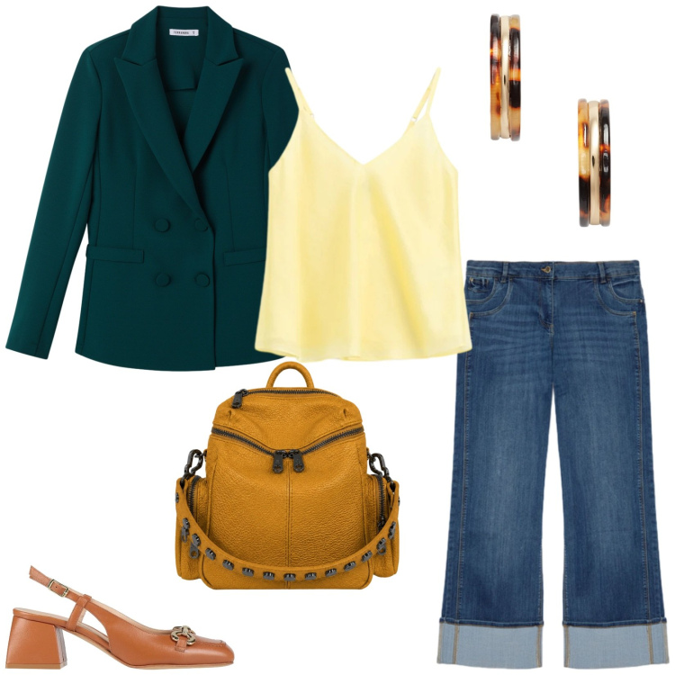 Outfit donna - Total look #2467959. Stile Casual chic per Ufficio. Abbinamento con décolleté, top, blazer, jeans dritti, zaini, orecchini.