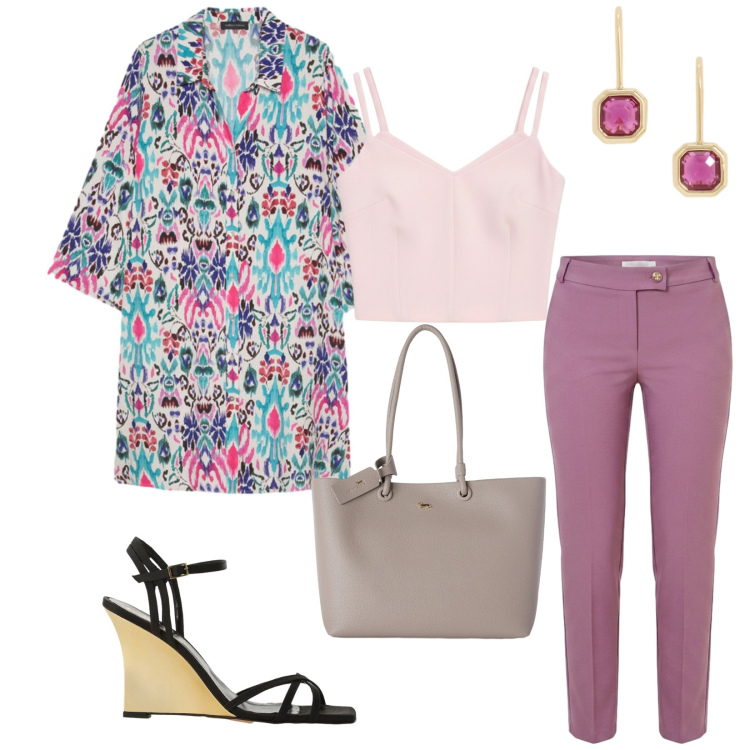 Outfit donna - Total look #2467960. Stile Chic per Tutti i giorni. Abbinamento con shopping bag, sandali col tacco, top, pantaloni, vestiti chemisier, orecchini.