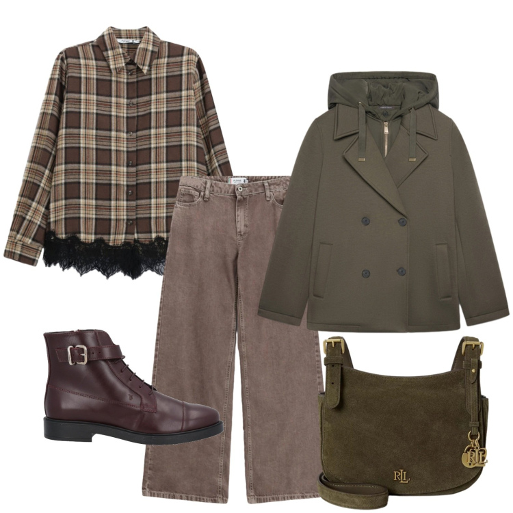 Outfit donna - Il caban verde militare. Stile Casual per Tutti i giorni. Abbinamento con stivaletti, camicie, jeans dritti, blazer, borse a tracolla.