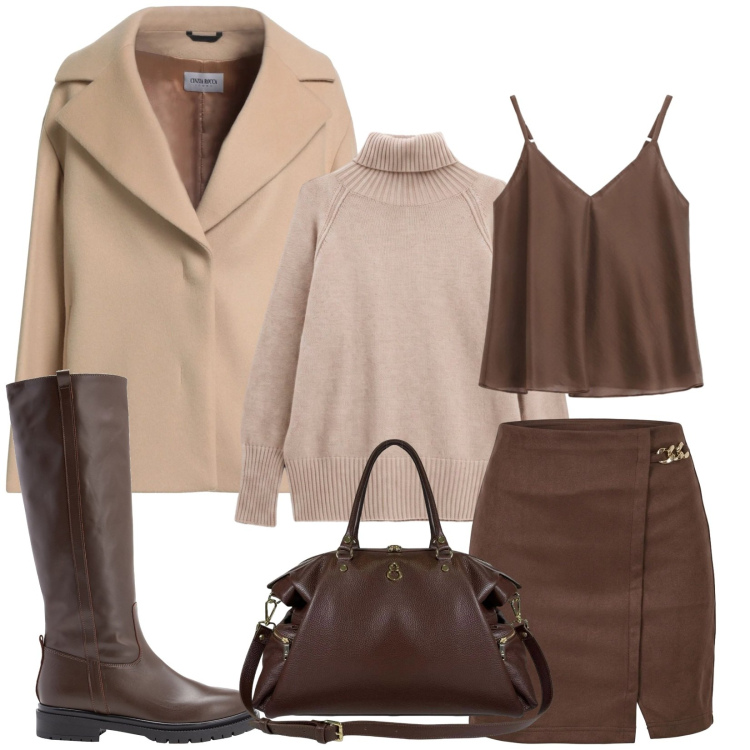 Outfit donna - Total look #2467964. Stile Chic per Ufficio. Abbinamento con stivali, cappotti, pullovers, top, minigonne, borse a spalla.