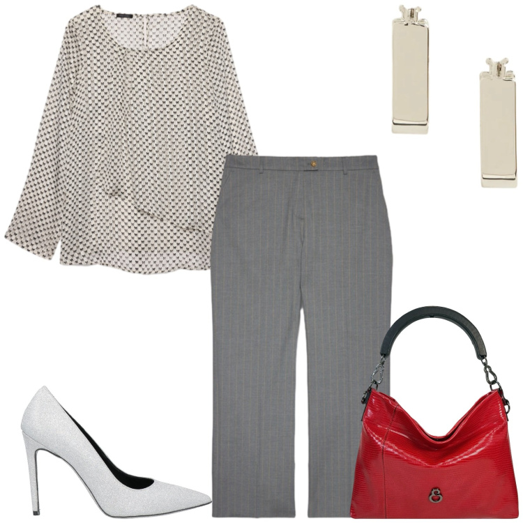 Outfit donna - Total look #2467971. Stile Chic per Ufficio. Abbinamento con décolleté, pantaloni, bluse, borse a mano, orecchini.