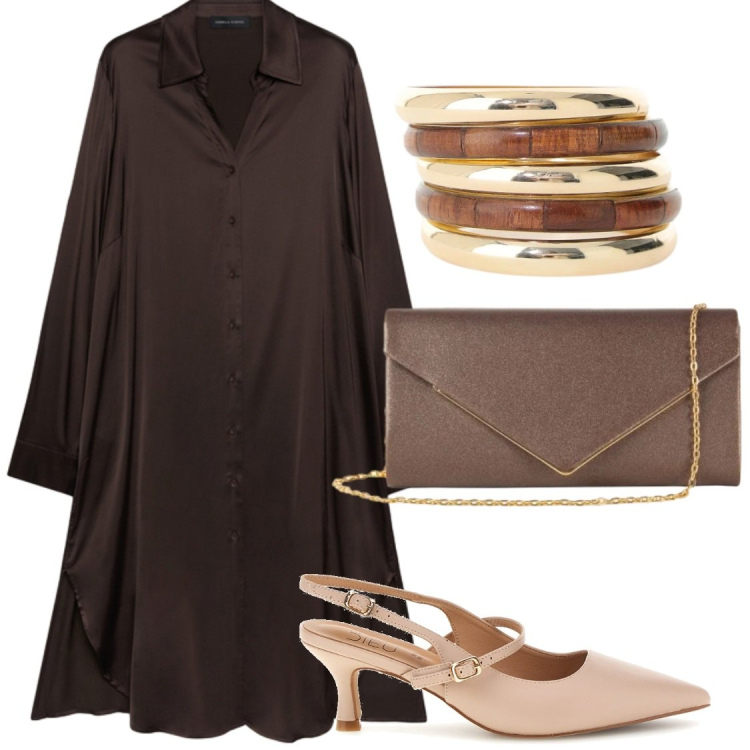 Outfit donna - Un sabato sera di settembre. Stile Chic per Serata fuori. Abbinamento con braccialetti, clutch, vestiti chemisier, décolleté.