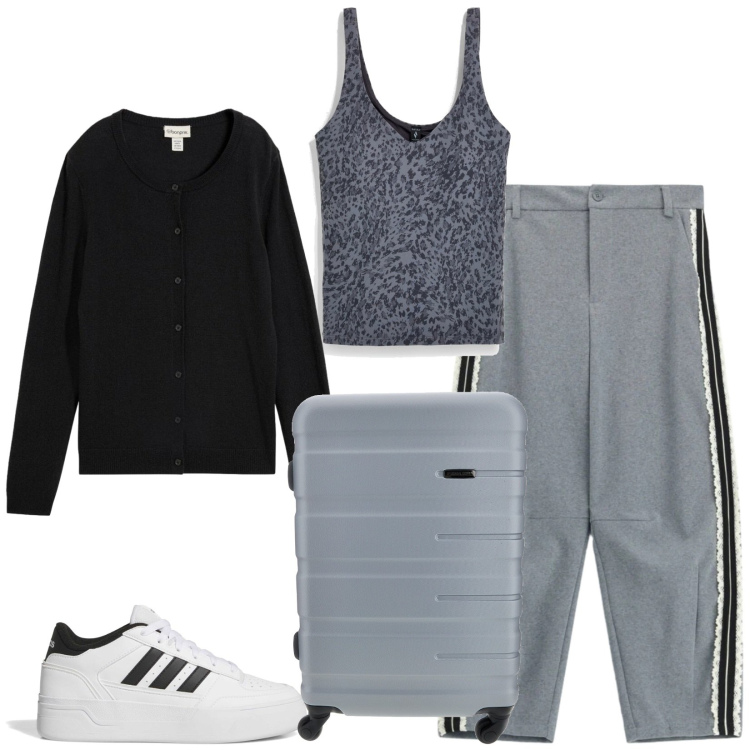 Outfit donna - Total look #2467982. Stile Casual per Tutti i giorni. Abbinamento con cardigans, pantaloni, sneakers, canottiere, valigie.