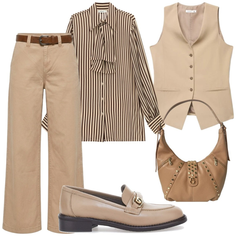 Outfit donna - La donna che non chiede mai. Stile Chic per Ufficio. Abbinamento con camicie, gilet, borse a spalla, pantaloni, mocassini.