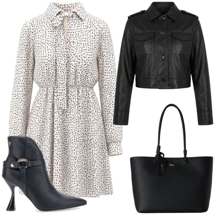 Outfit donna - Dolce rock. Stile Chic per Serata fuori. Abbinamento con shopping bag, vestiti corti, bomber, stivaletti.