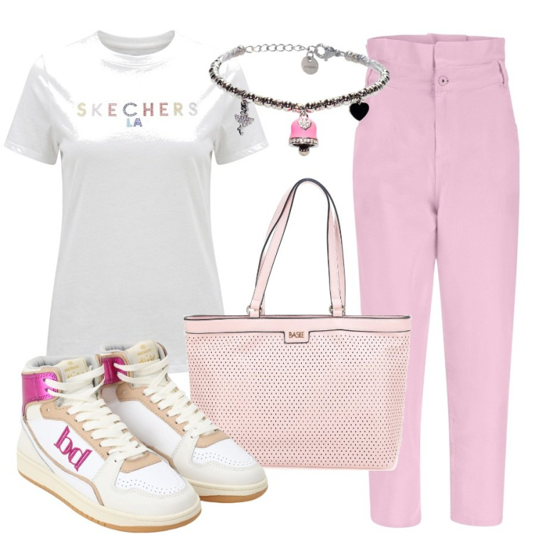 Outfit donna - Scelgo il rosa. Stile Casual per Scuola/Università. Abbinamento con sneakers alte, jeans, braccialetti, borse a spalla, t-shirt.