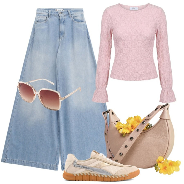 Outfit donna - Romantica in jeans. Stile Romantica per Tutti i giorni. Abbinamento con occhiali da sole, borse a spalla, top, jeans, sneakers.