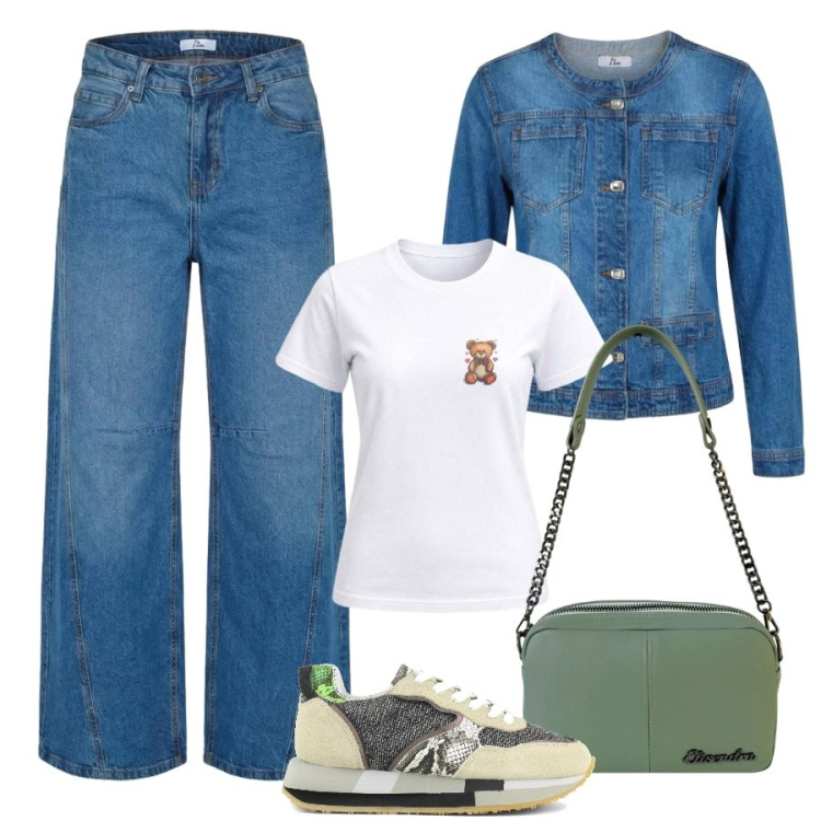 Outfit donna - In jeans. Stile Casual per Tutti i giorni. Abbinamento con blazer, t-shirt, jeans, borse a tracolla, sneakers.